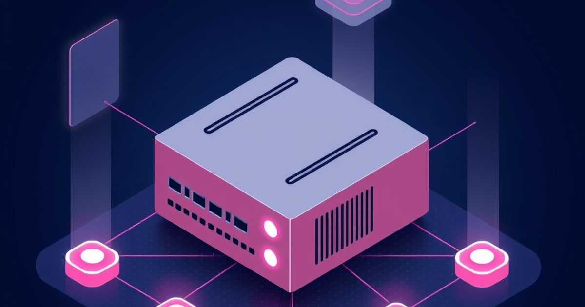 An isometric pink and white mini PC box with front ports and side vents sits on a dark network diagram connecting glowing pink nodes and a blank display panel.