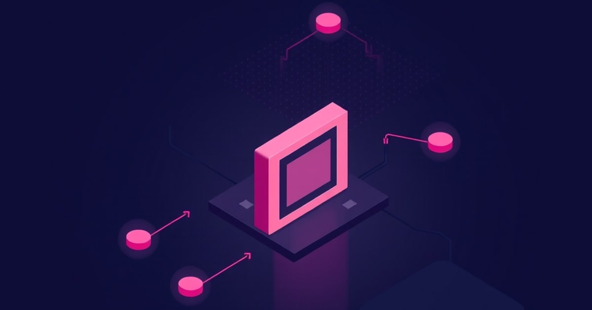 Isometric pink square frame standing on a dark platform, linked by glowing lines to small pink disc nodes, suggesting firewall hardware and network traffic