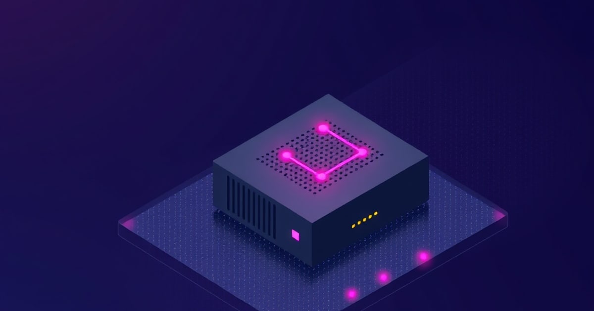 Flat isometric illustration of a dark mini server box on a violet pad, a glowing pink trace loop on its vented lid and orange LED dashes on the front.