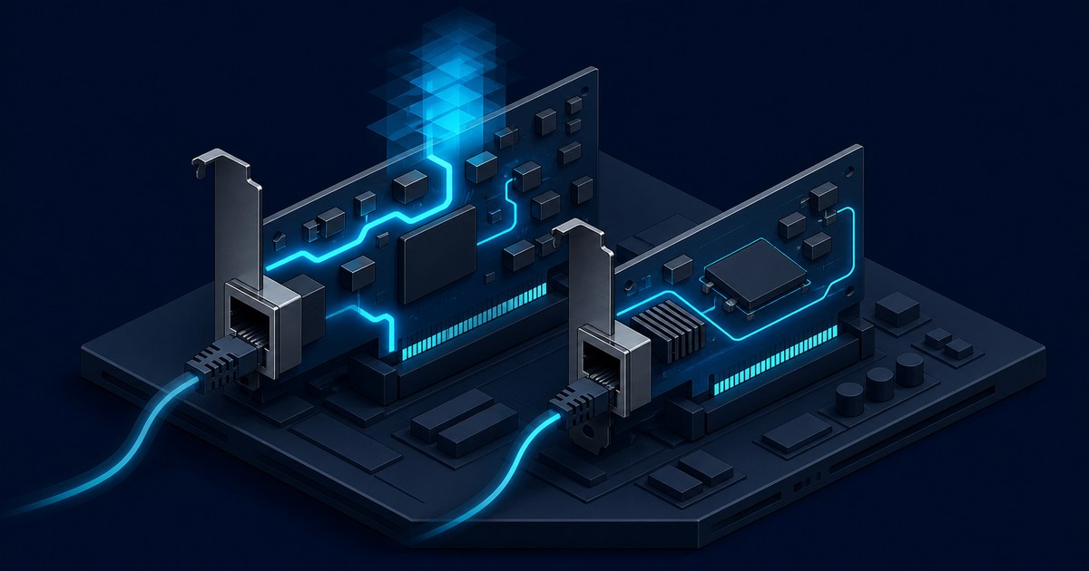 Two side-by-side network interface cards with glowing blue circuit traces and RJ45 ethernet ports plugged into cables, mounted on a dark isometric motherboard.