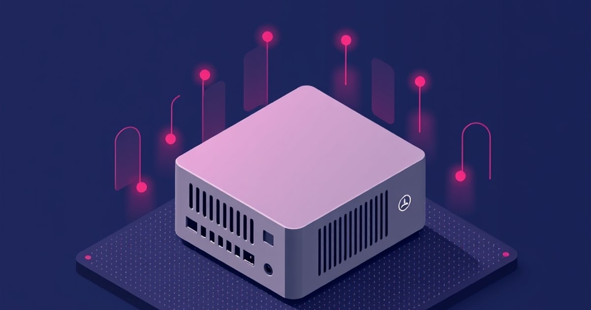 Isometric illustration of a compact fanless mini PC showing its rear port array, ringed by glowing indicators, representing a small router build