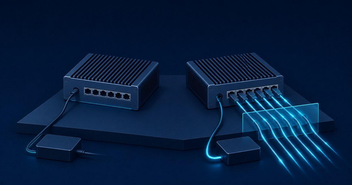 Two fanless mini PC firewalls with power bricks on a dark platform, one idle with empty ports and one under load with six glowing blue Ethernet cables.