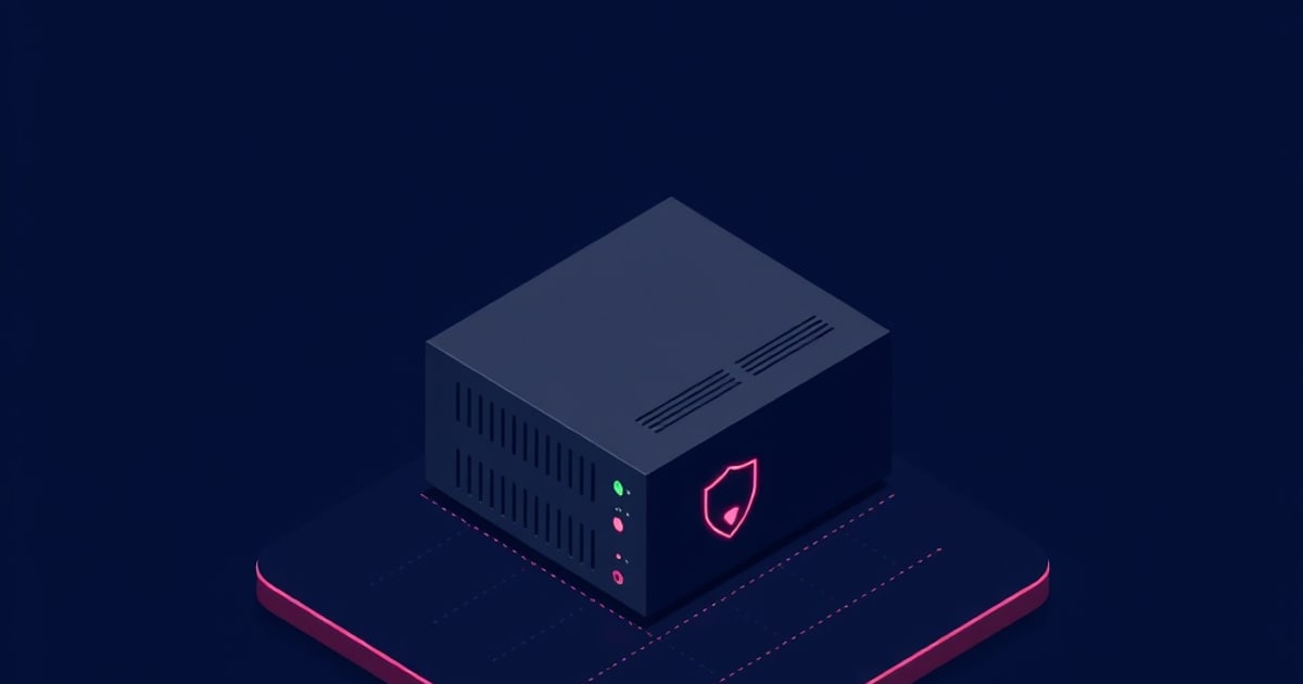 Flat isometric illustration of a charcoal mini PC with vent slats, green and pink status LEDs and a pink shield emblem, on a pink-edged pad.