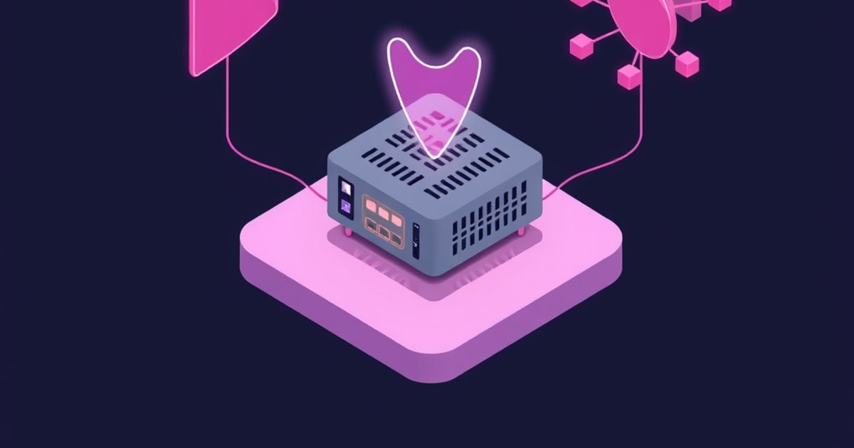 Flat isometric illustration of a grey vented mini PC with a coloured port row on a pink pedestal under a glowing pink beam, pink node cluster behind.