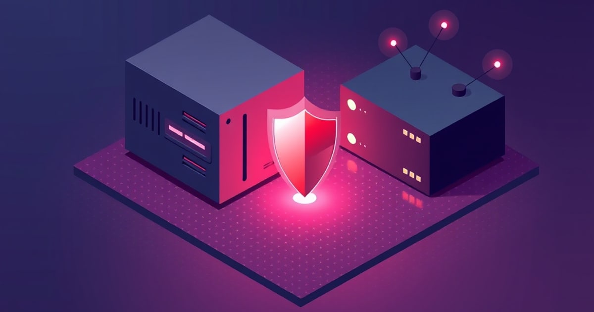 Two isometric mini-PC style firewall boxes flank a glowing red shield on a dotted purple platform, with wireless antennas rising from one box